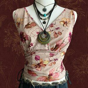 Y2K Pink floral wrap ruched V neck cami tank top 🌸